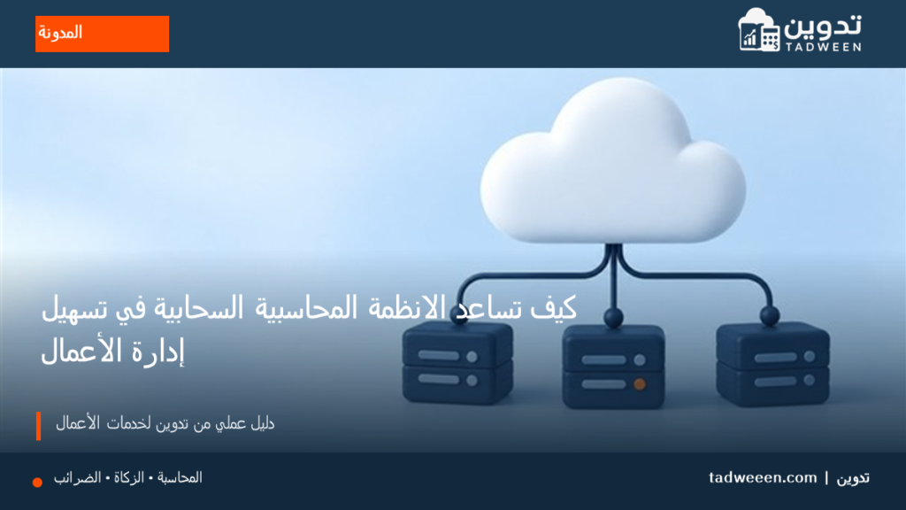 غلاف تدوين لمقال كيف تساعد الانظمة المحاسبية السحابية في تسهيل إدارة الأعمال، بتصميم تحريري وألوان الهوية.