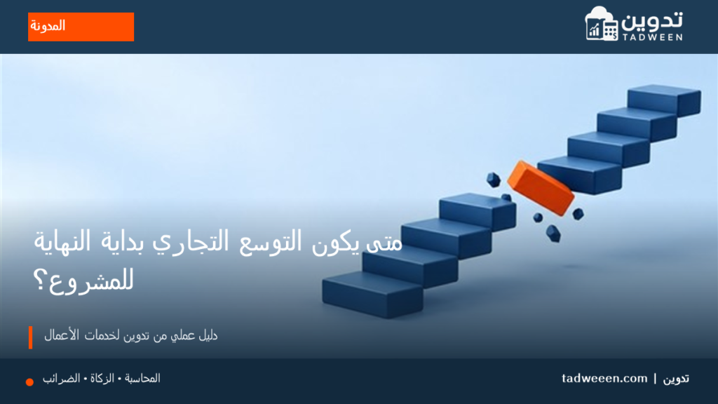 غلاف تدوين لمقال متى يكون التوسع التجاري بداية النهاية للمشروع؟، بتصميم تحريري وألوان الهوية.
