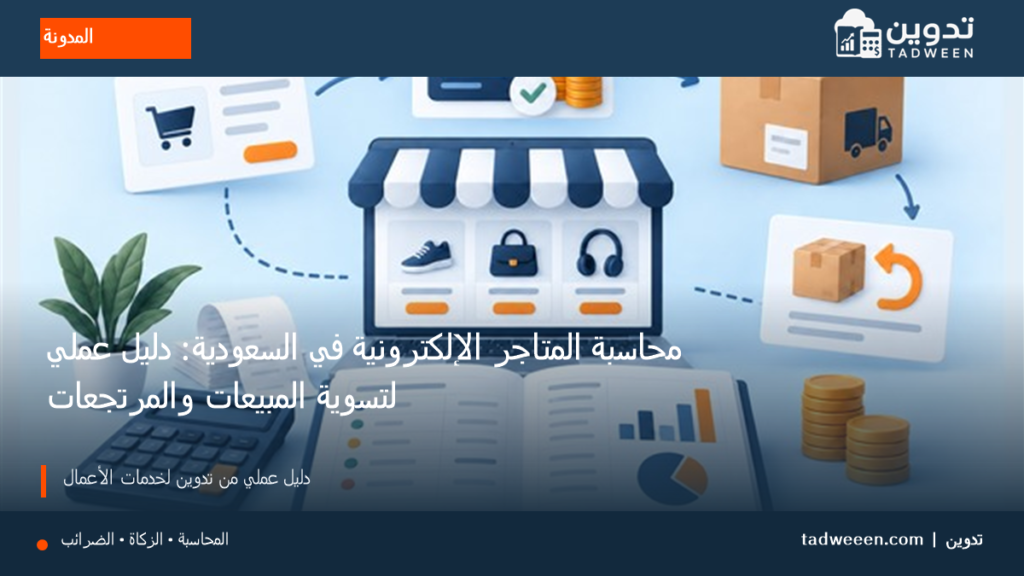 غلاف تدوين لمقال محاسبة المتاجر الإلكترونية في السعودية، بتصميم تحريري وألوان الهوية.