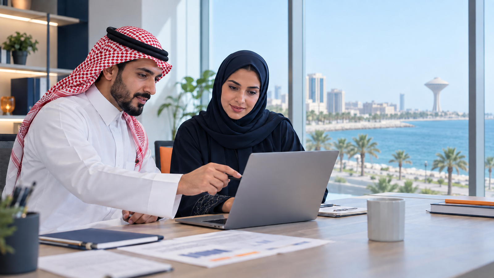صورة توضيحية لمحاسب ومحاسبة سعوديين يراجعان تقارير مالية في مكتب بالخبر