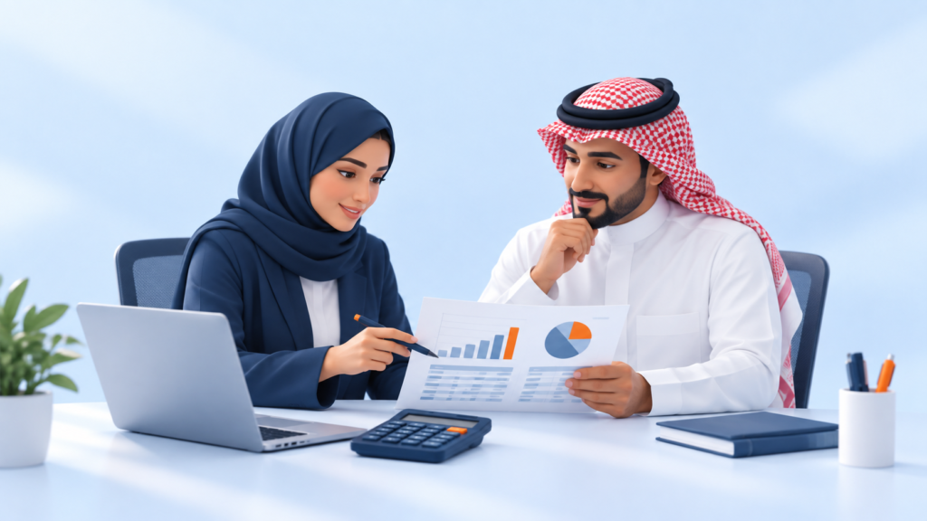 محاسبة سعودية تناقش تقريرًا ماليًا مع زميلها أمام حاسوب وآلة حاسبة