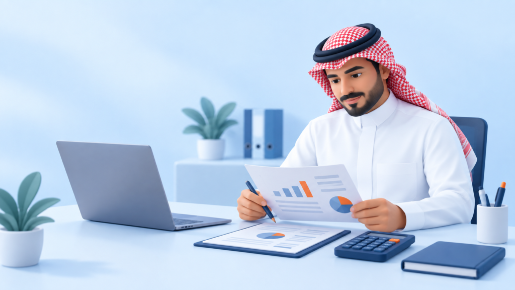 محاسب سعودي يراجع الإقرار الزكوي والتقارير المالية باستخدام آلة حاسبة