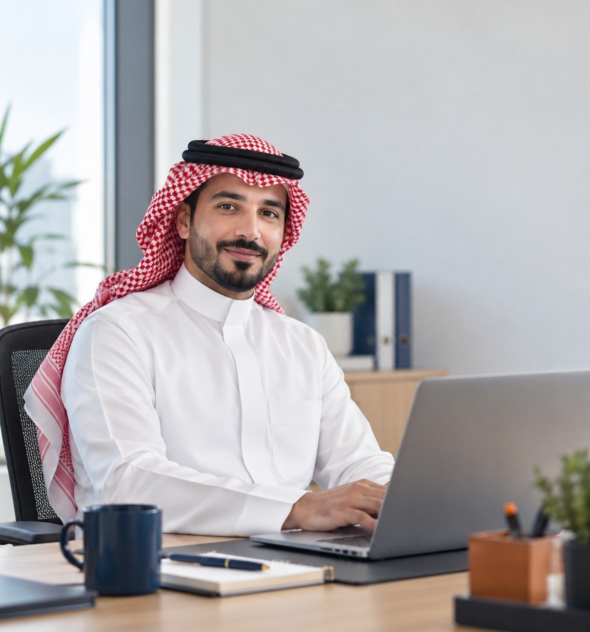رجل أعمال سعودي يعمل على حاسوب محمول داخل مكتب