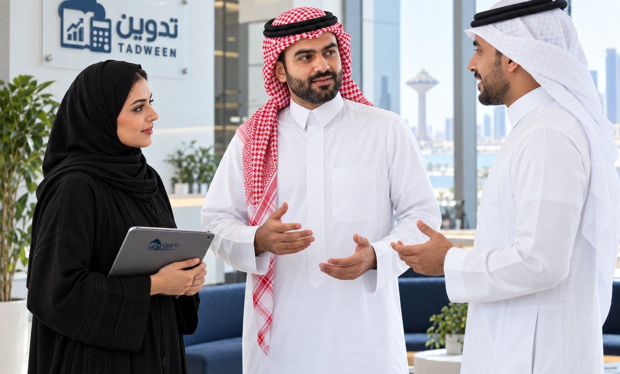 ثلاثة أشخاص يتناقشون في مكتب تدوين وتحمل إحداهن جهازًا لوحيًا