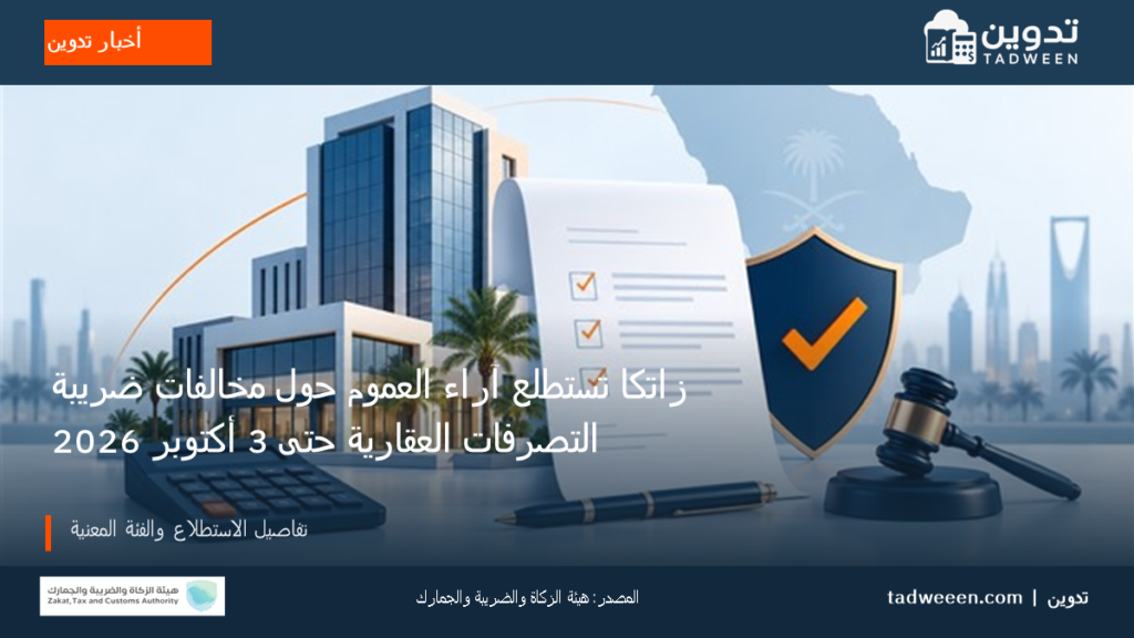 غلاف خبر من أخبار تدوين عن زاتكا تستطلع آراء العموم حول مخالفات ضريبة التصرفات العقارية حتى 3 أكتوبر 2026، مع شعار هيئة الزكاة والضريبة والجمارك.